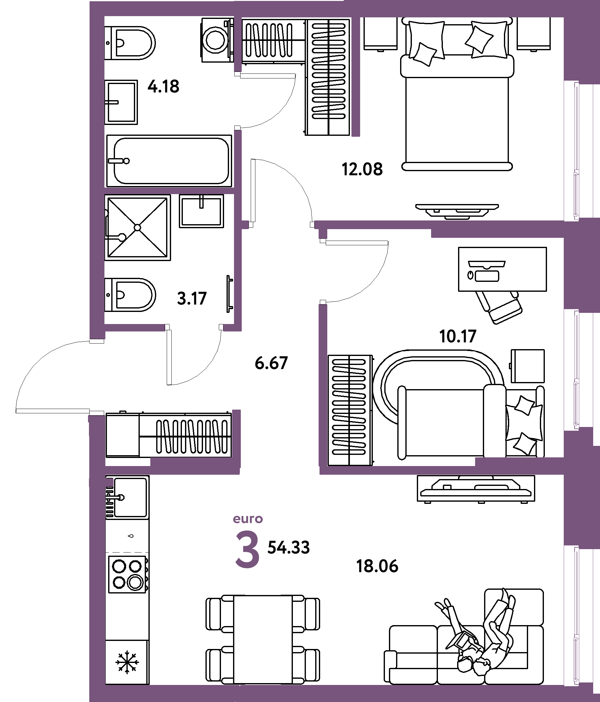 Планировка: Евротрёшка 54,33 м² в ЖК «Европейский берег 2.0»