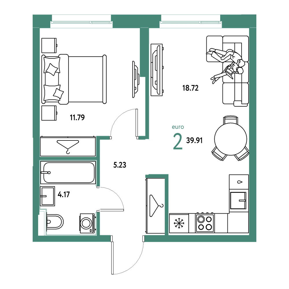Планировка: Евродвушка 39,91 м²