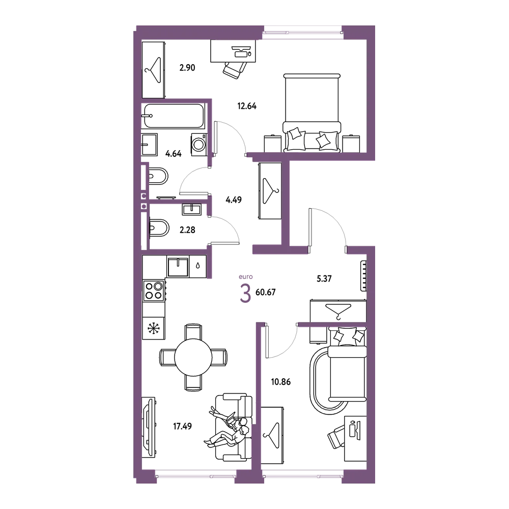 Планировка: Евротрёшка 60,67 м²