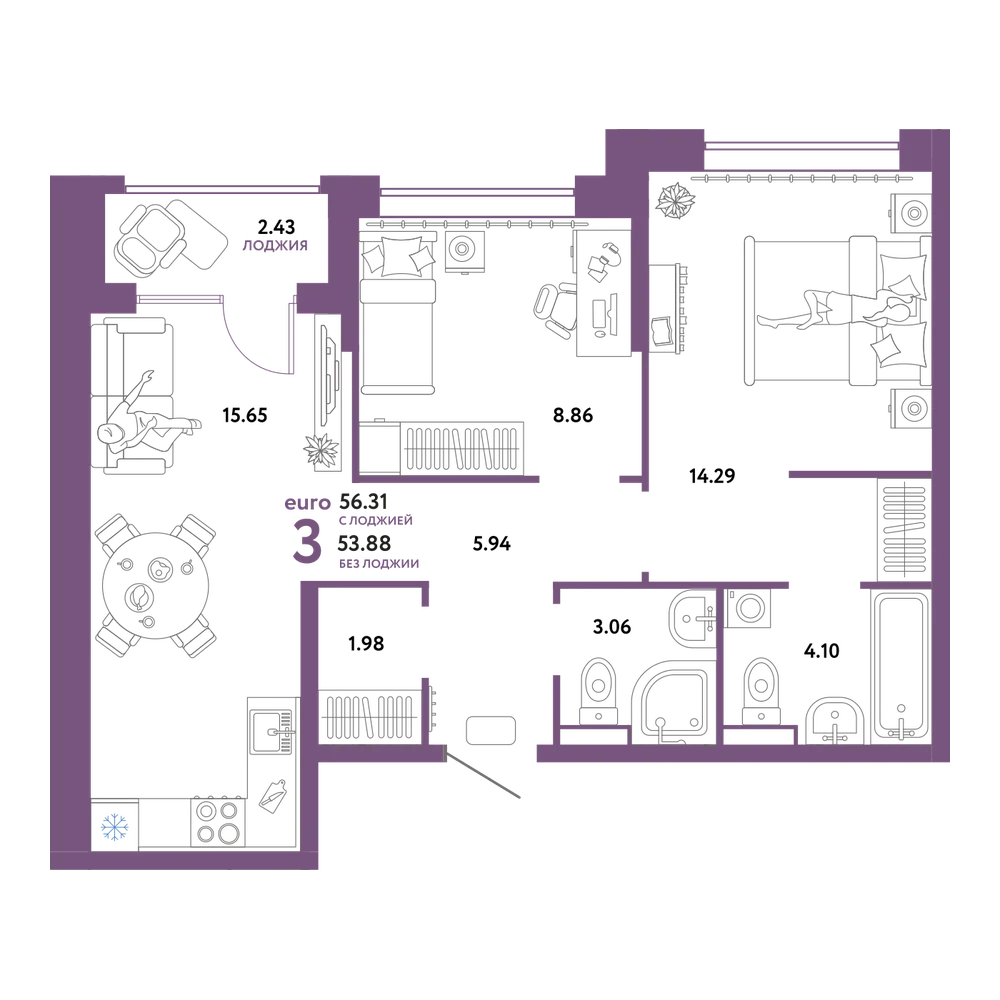 Планировка: Евротрёшка 56,31 м²