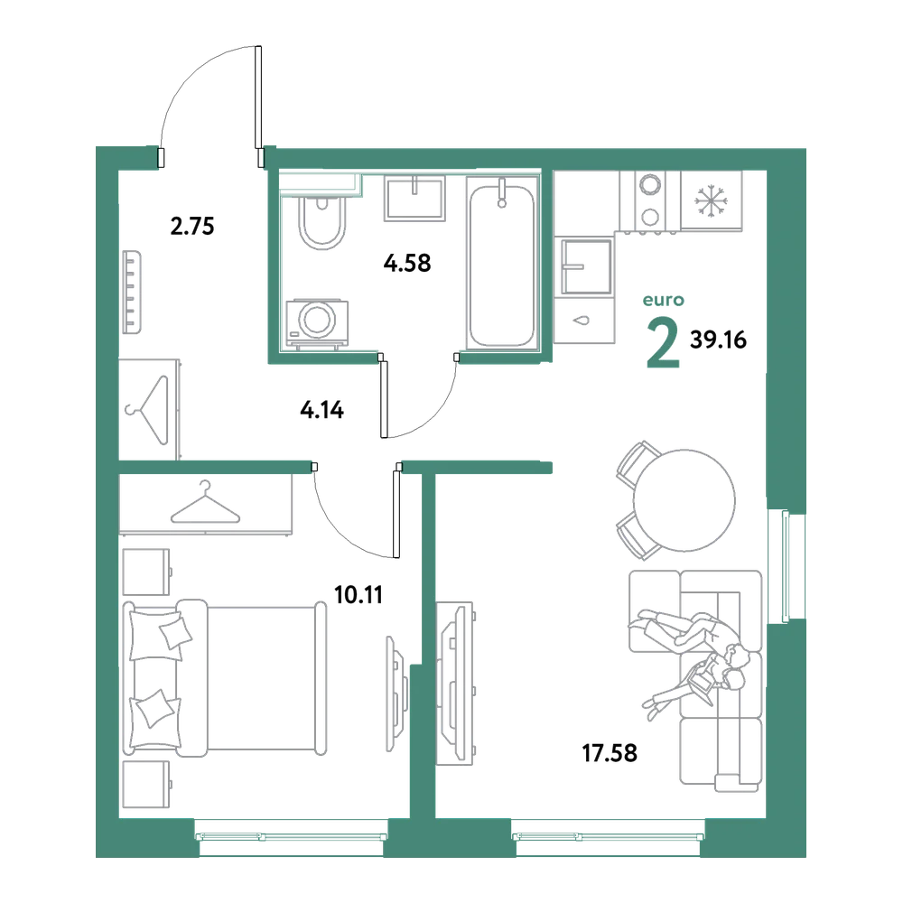 Планировка: Евродвушка 39,16 м²