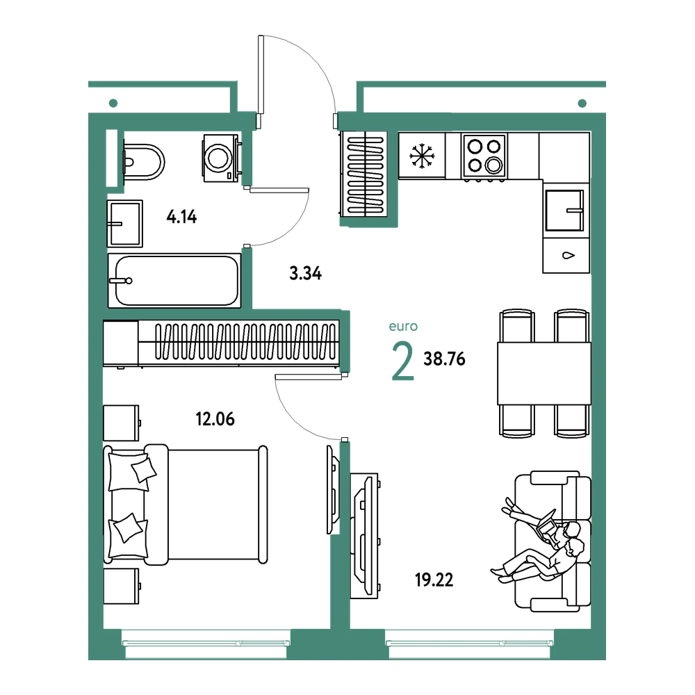 Планировка: Евродвушка 38,76 м²