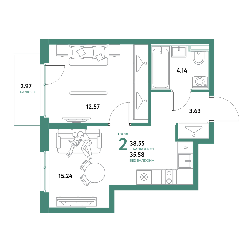 Планировка: Евродвушка 38,55 м²