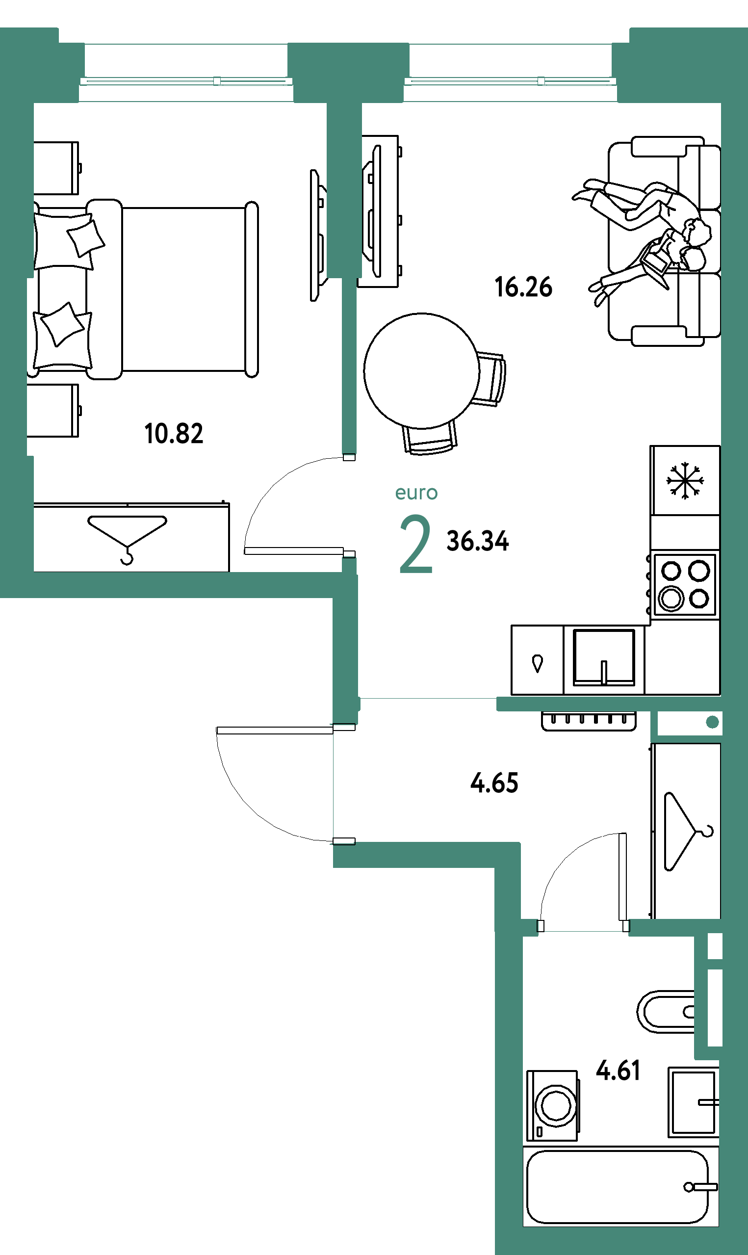 Планировка: Евродвушка 36,34 м² в ЖК «Страна.Прибрежная»