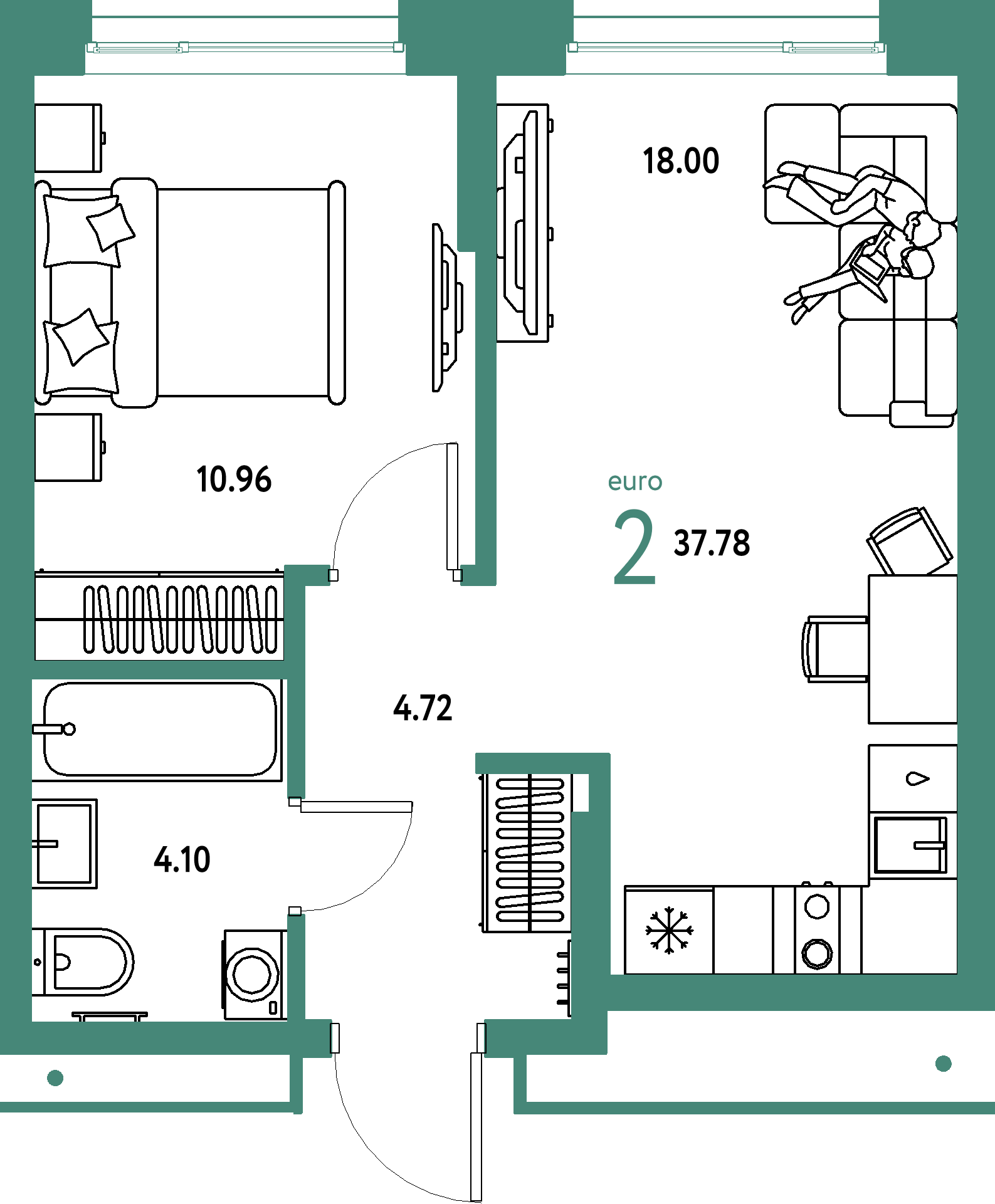 Планировка: Евродвушка 37,78 м² в ЖК «Домашний»