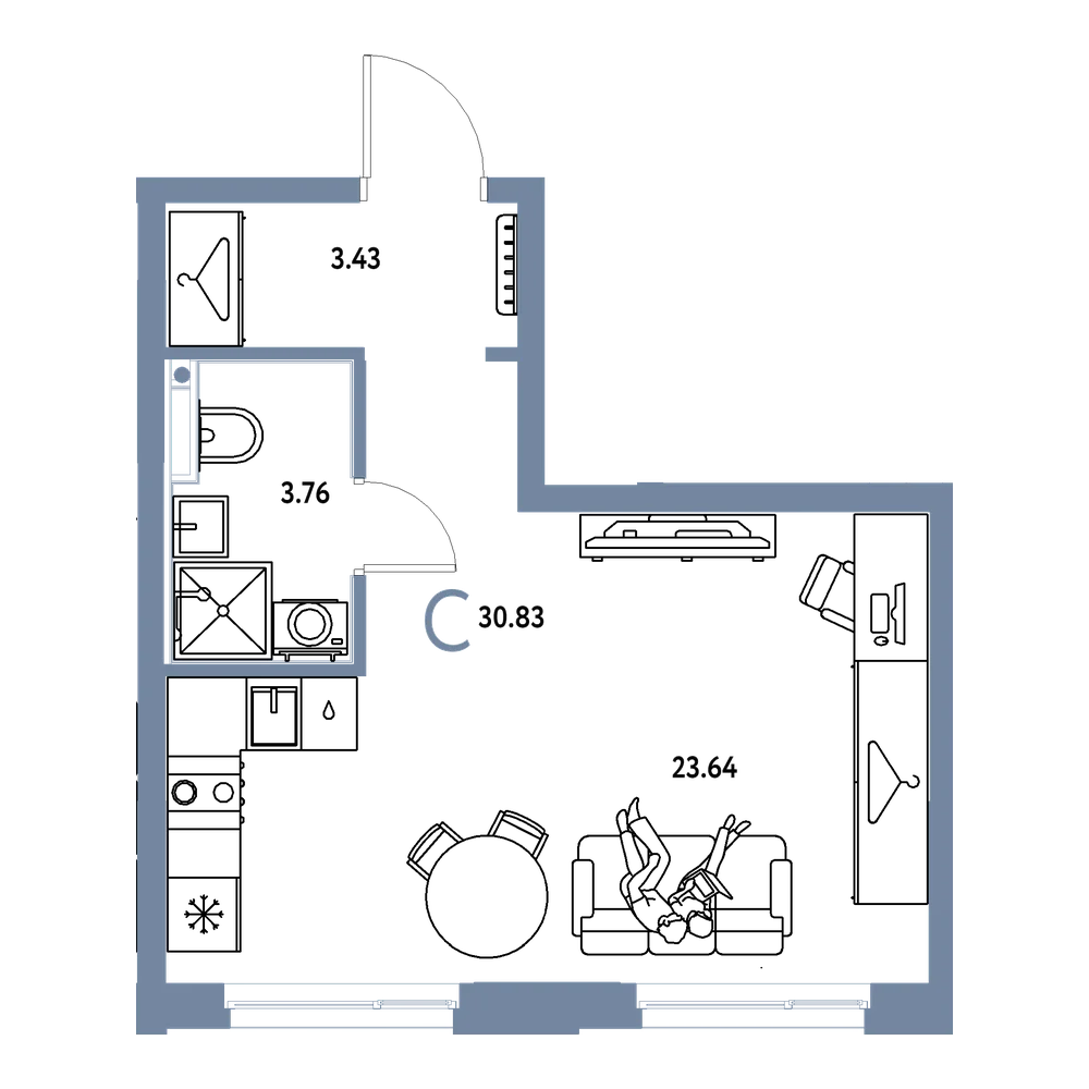 Планировка: Студия 30,83 м²