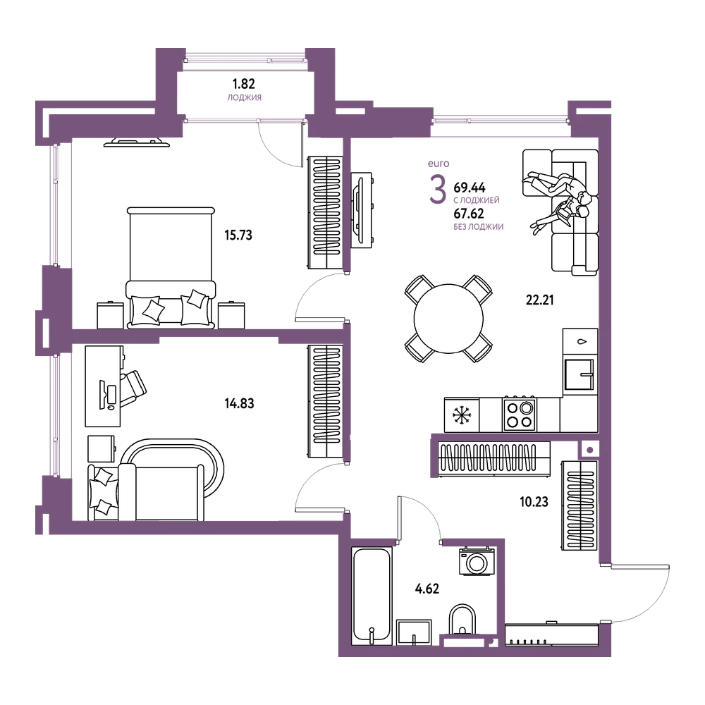 Планировка: Евротрёшка 69,44 м²
