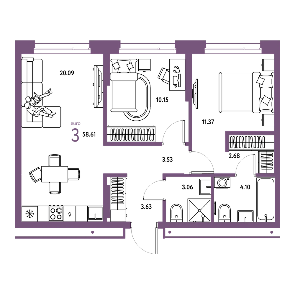 Планировка: Евротрёшка 58,61 м²
