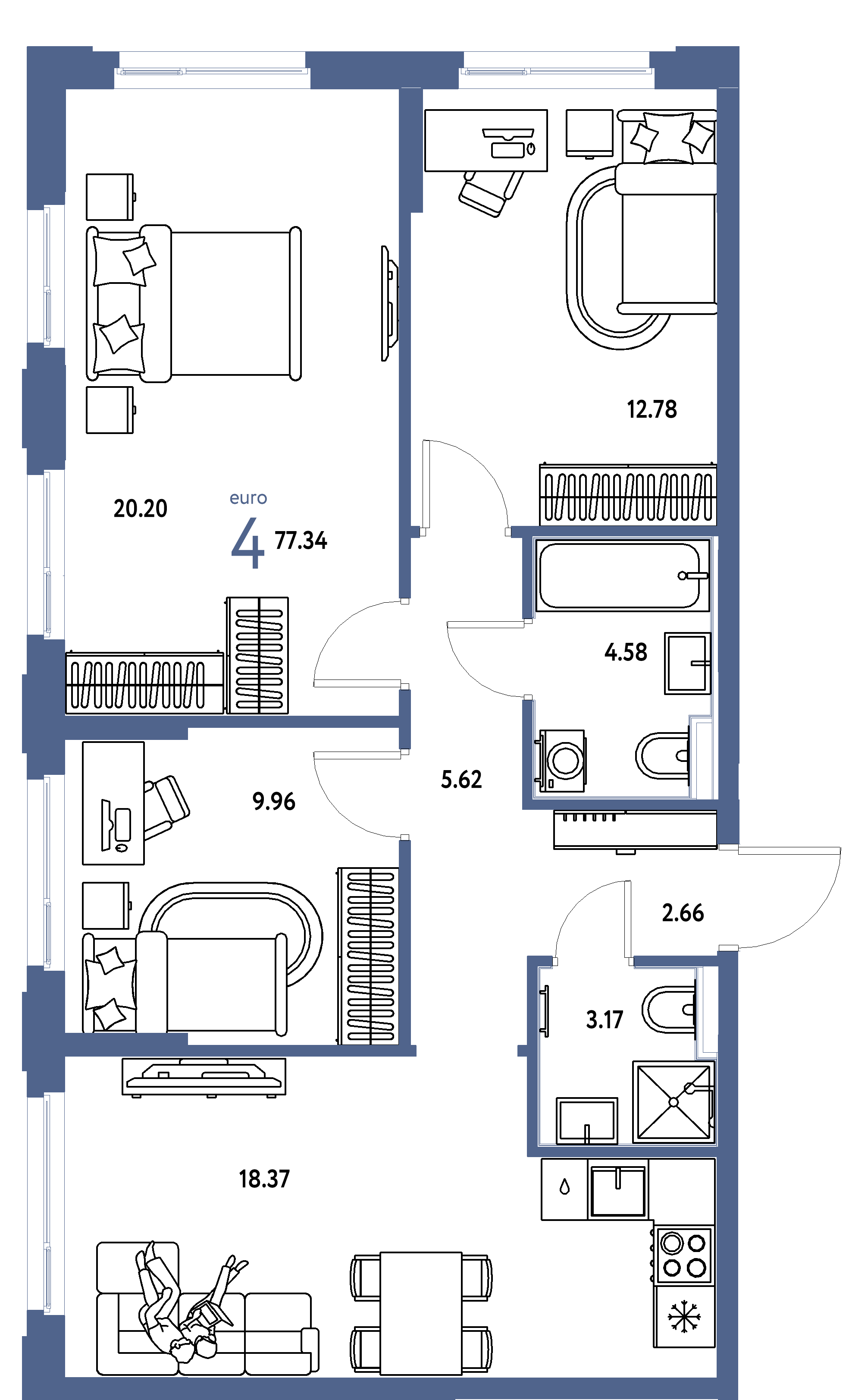 Планировка: Евро-4 77,34 м² в ЖК «Сердце Сибири»