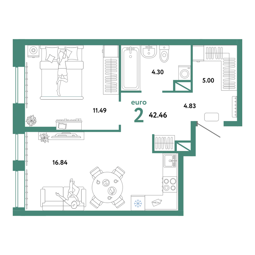 Планировка: Евродвушка 42,46 м²