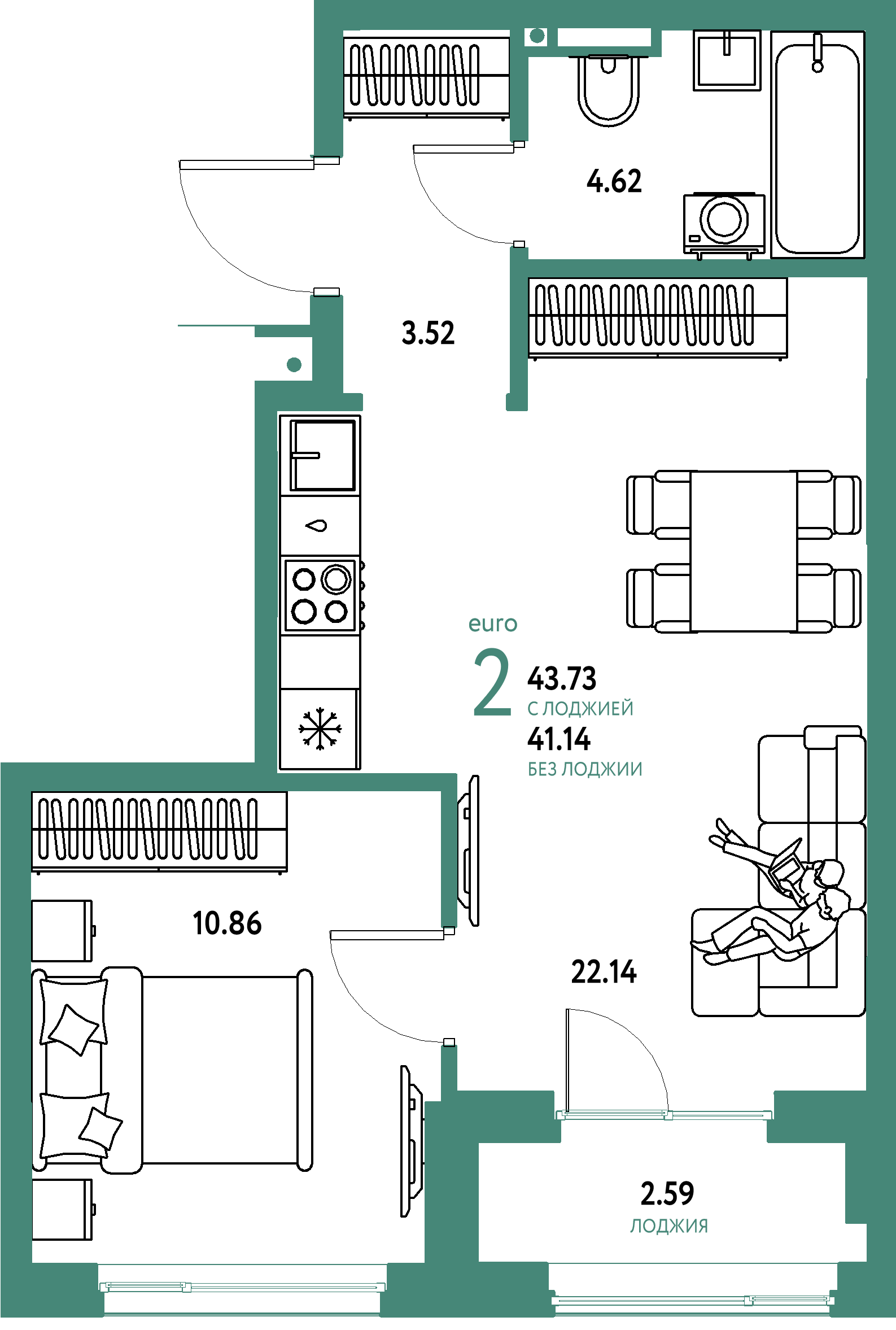 Планировка: Евродвушка 43,73 м² в ЖК «Страна.Прибрежная»