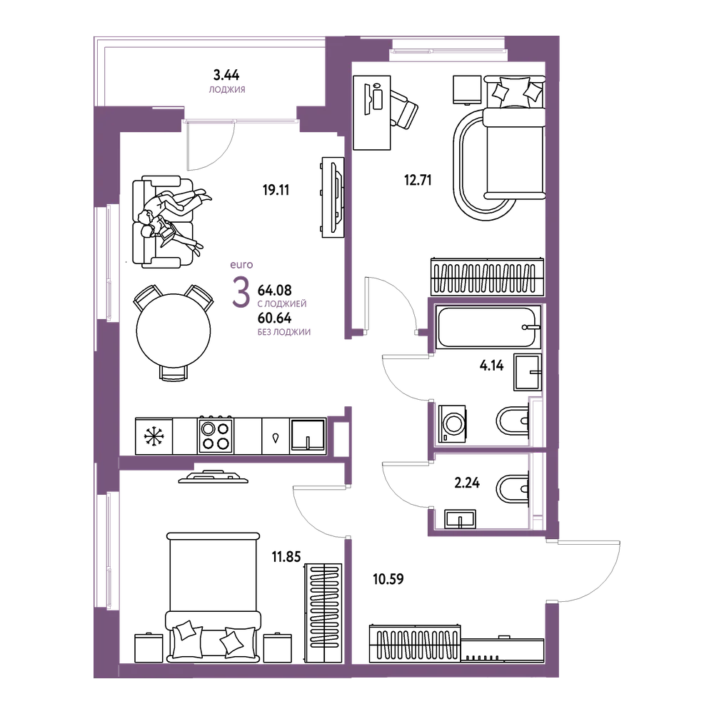 Планировка: Евротрёшка 63,73 м²