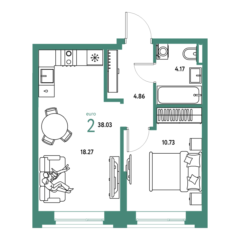 Планировка: Евродвушка 38,03 м²