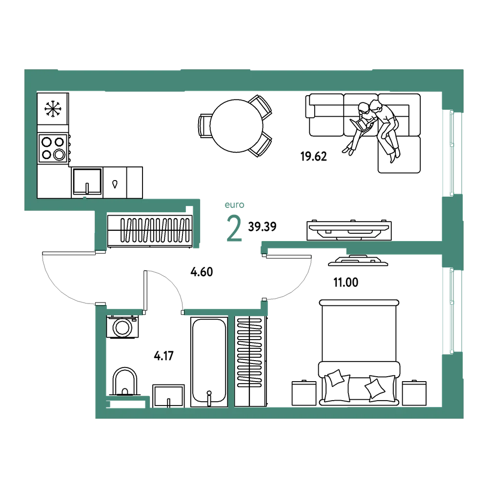 Планировка: Евродвушка 39,39 м²