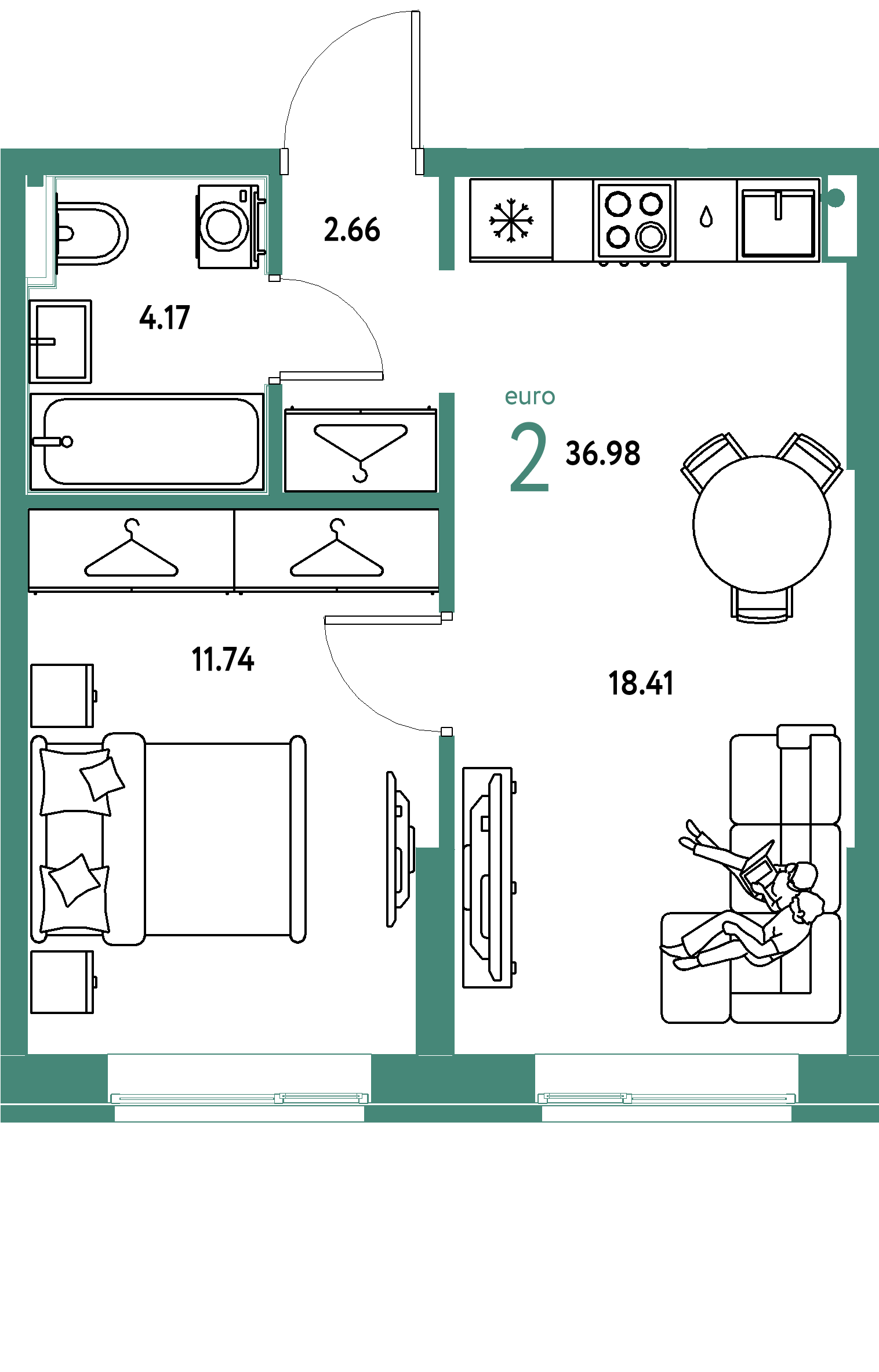 Планировка: Евродвушка 36,98 м² в ЖК «Европейский берег 2.0»