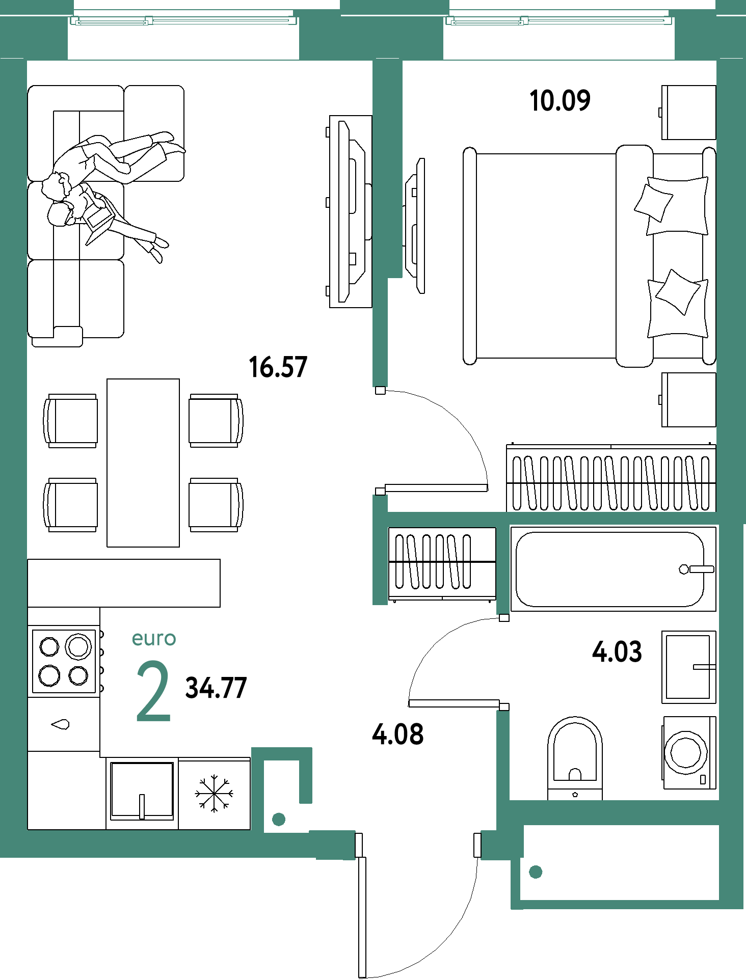 Планировка: Евродвушка 34,77 м² в ЖК «Домашний»