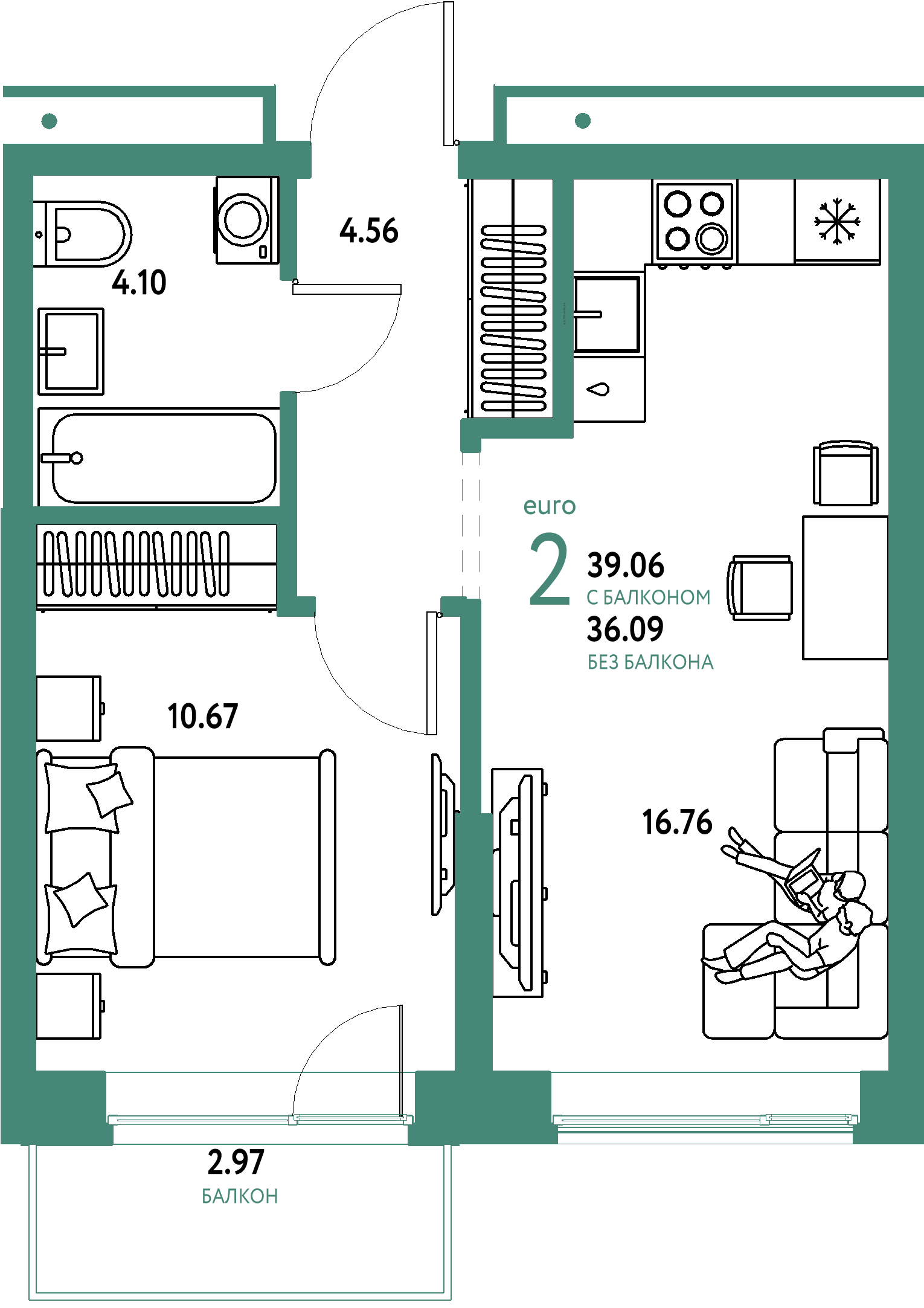 Планировка: Евродвушка 39,06 м² в ЖК «Домашний»