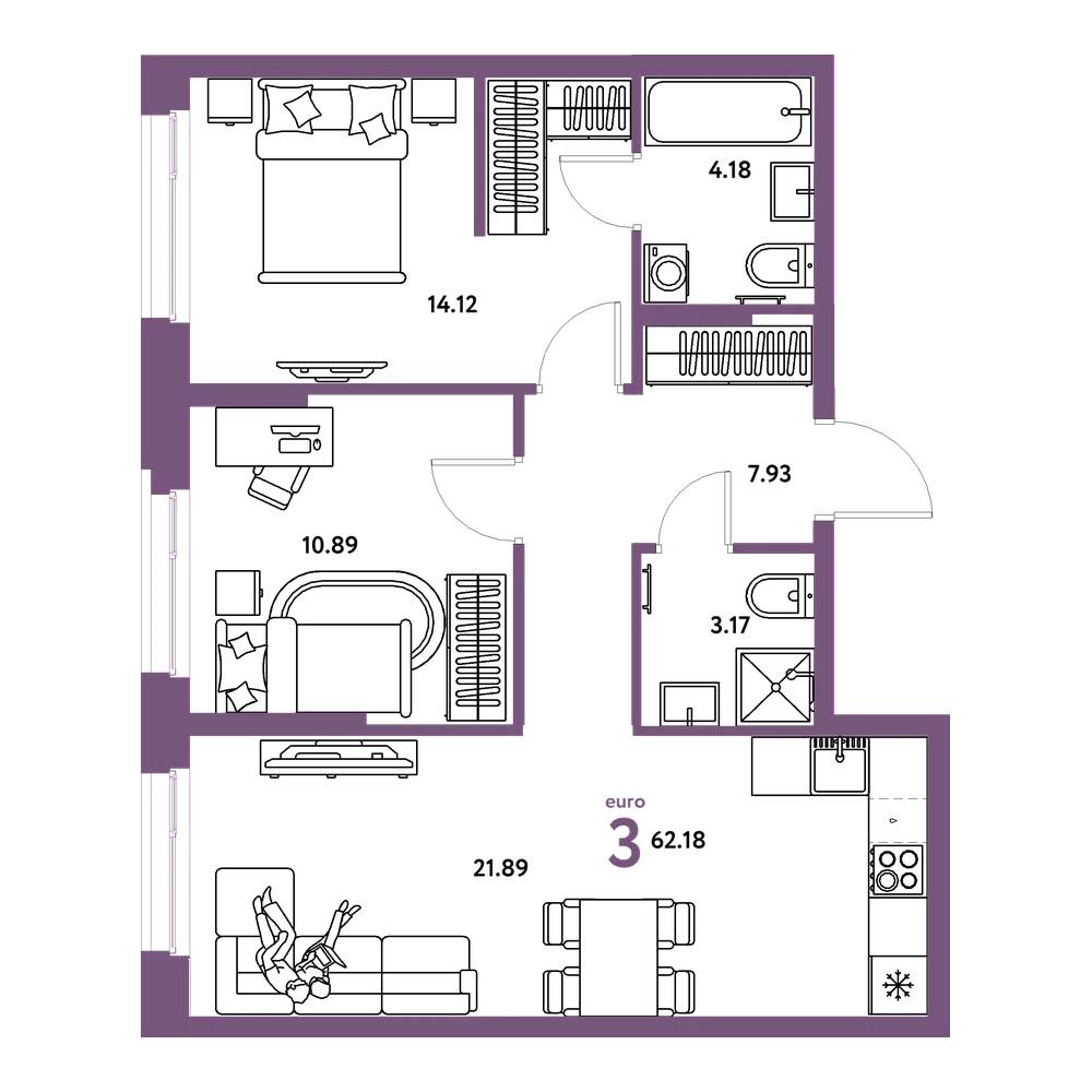 Планировка: Евротрёшка 62,18 м²