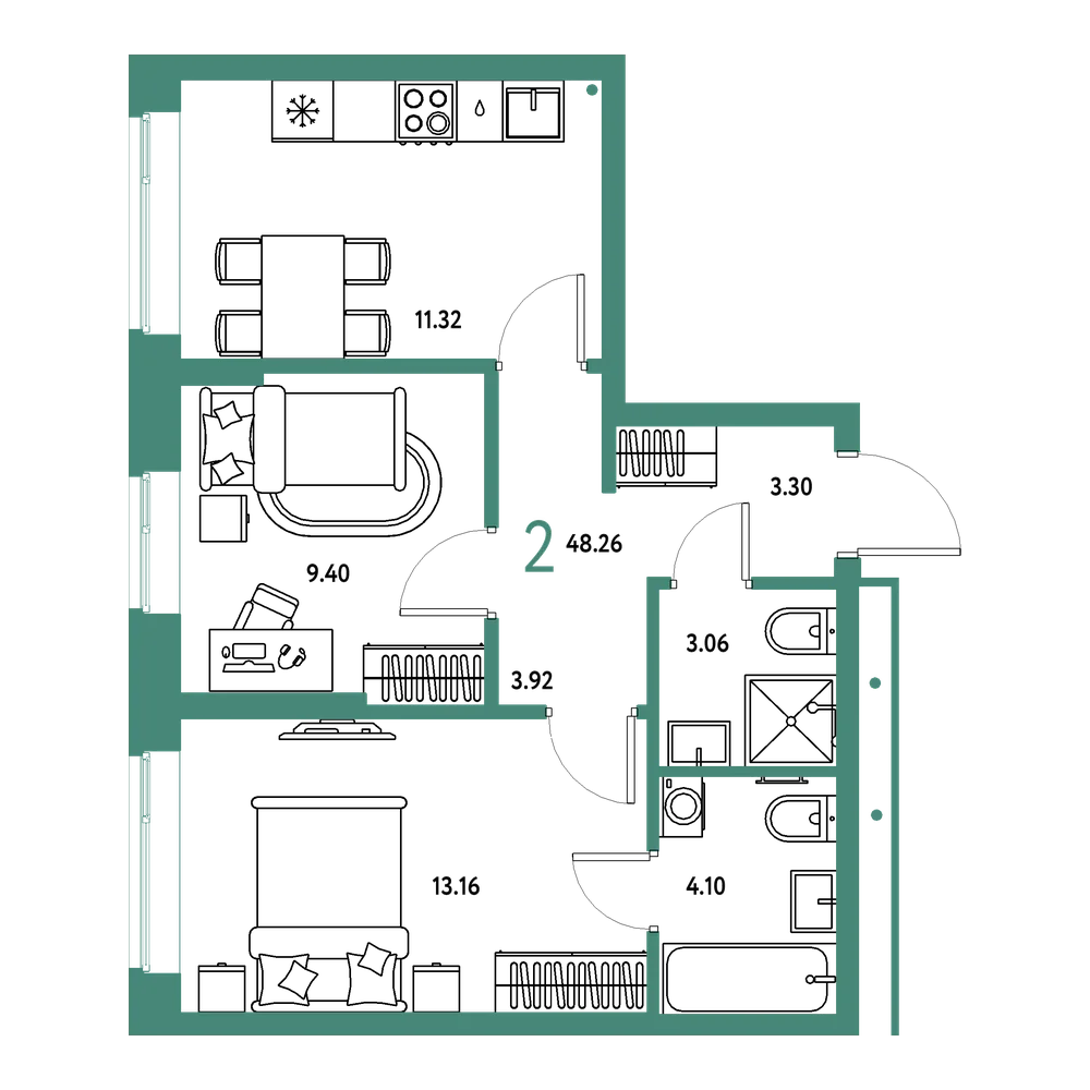 Планировка: 2-комнатная 48,26 м²