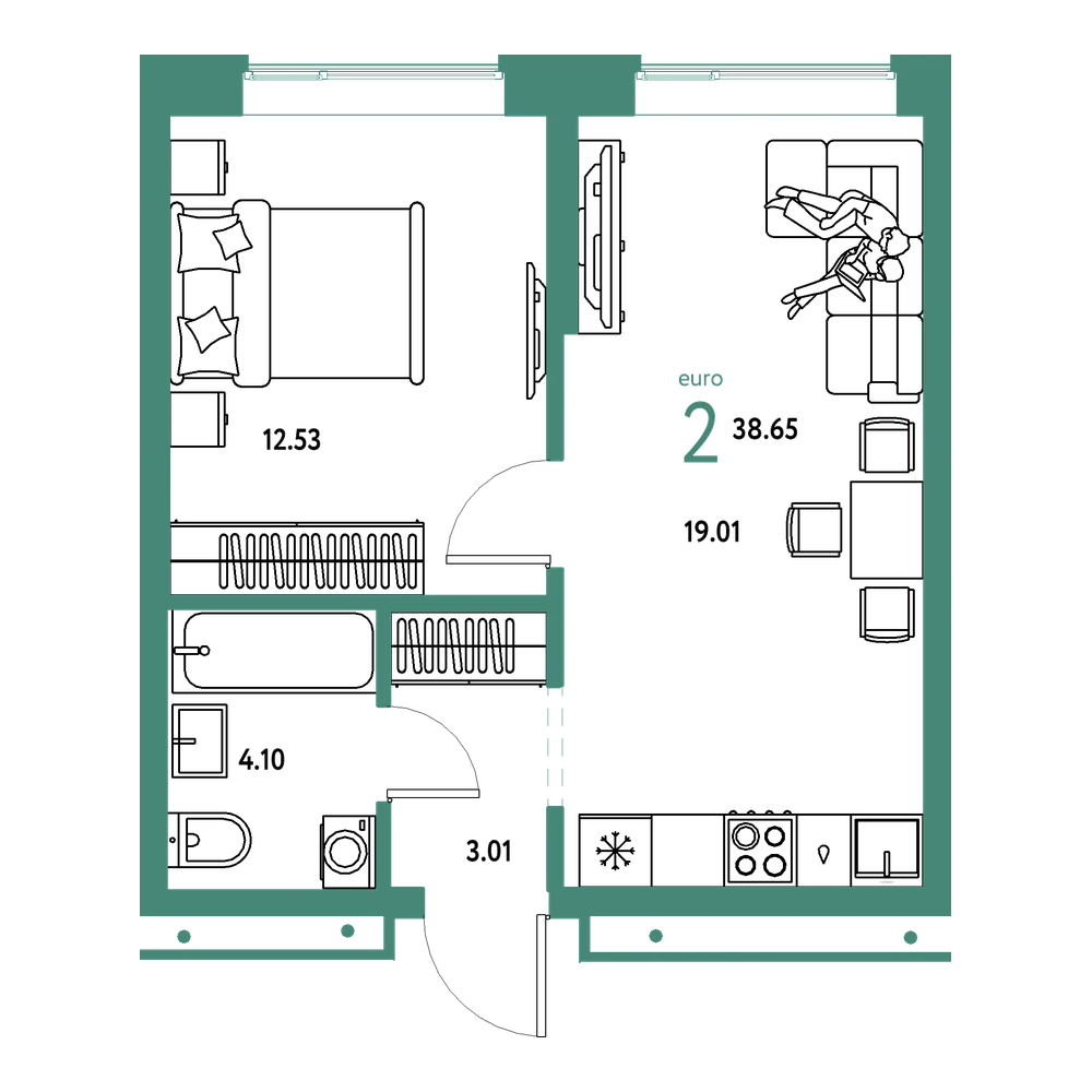 Планировка: Евродвушка 38,65 м²