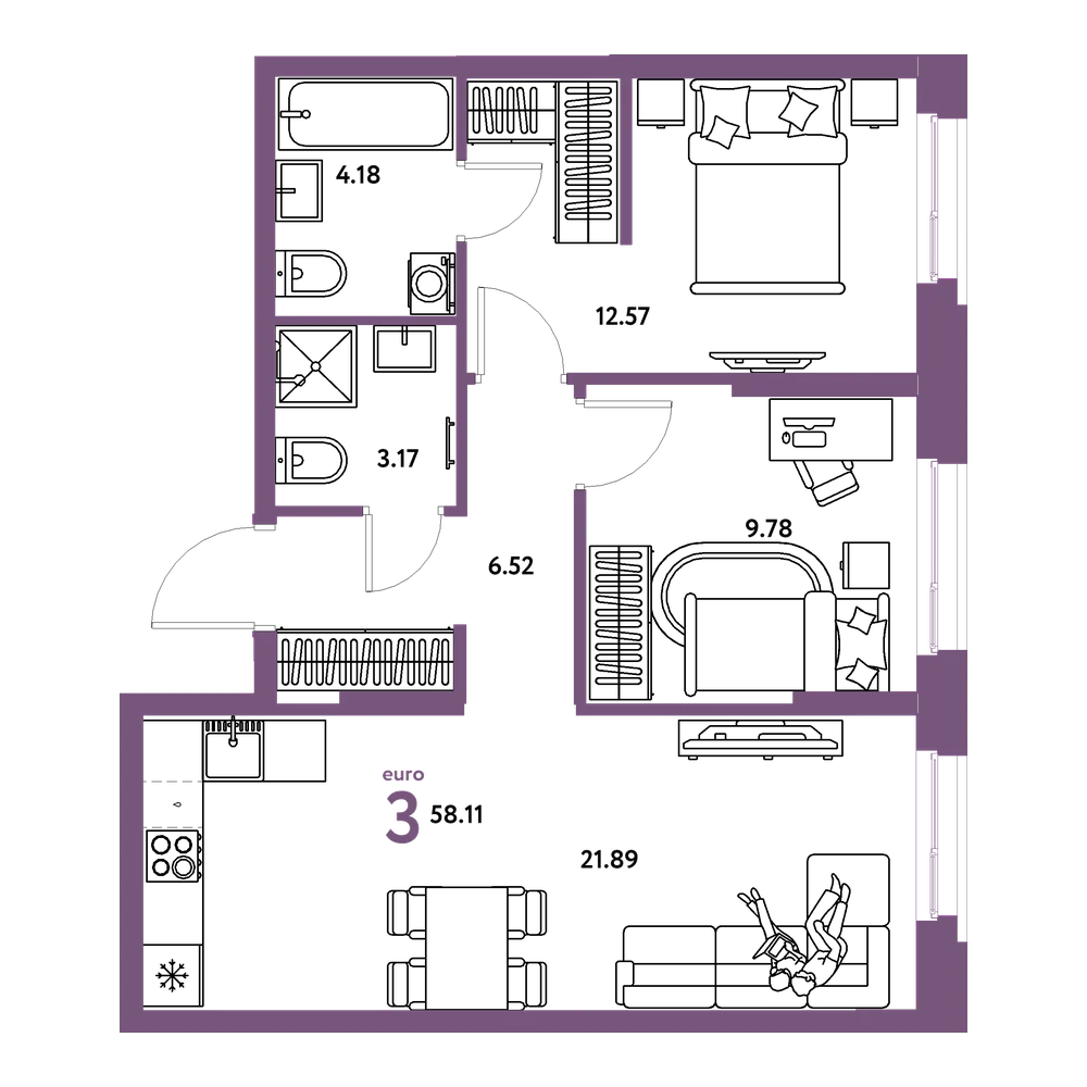 Планировка: Евротрёшка 58,11 м²