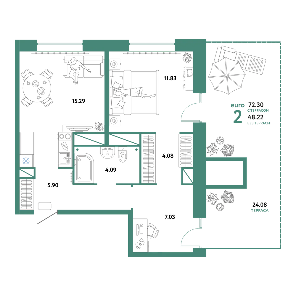 Планировка: Евродвушка 72,3 м²