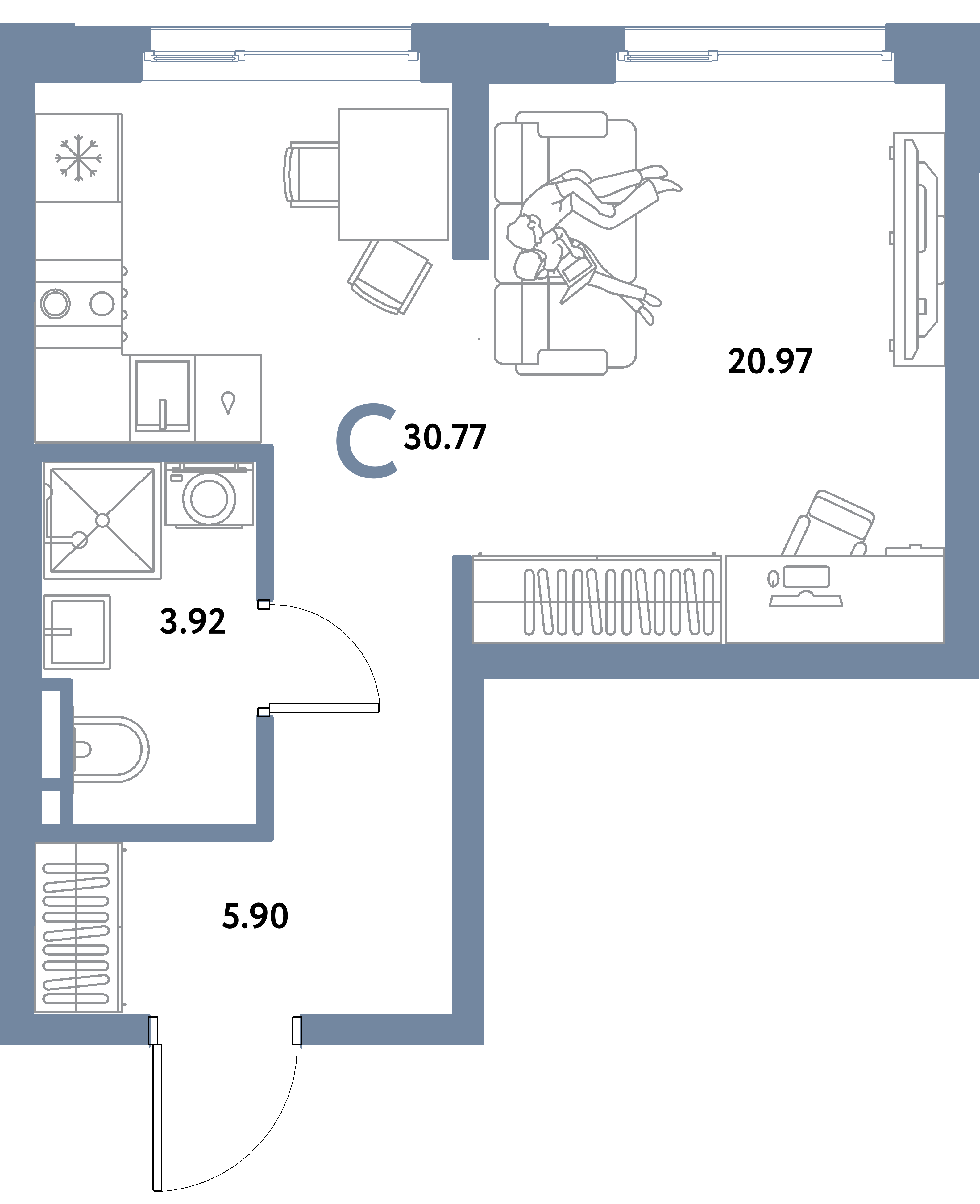 Планировка: Студия 30,77 м² в ЖК «Остров-сад»
