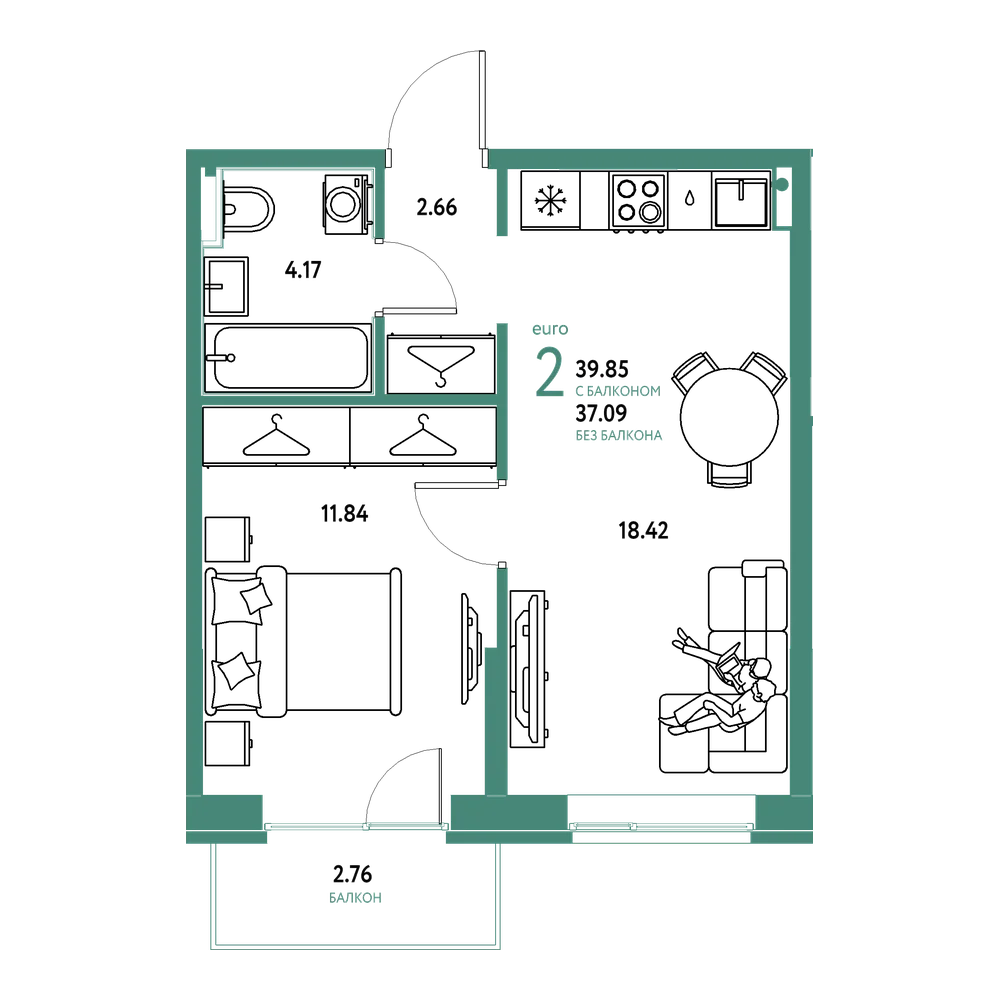 Планировка: Евродвушка 39,85 м²