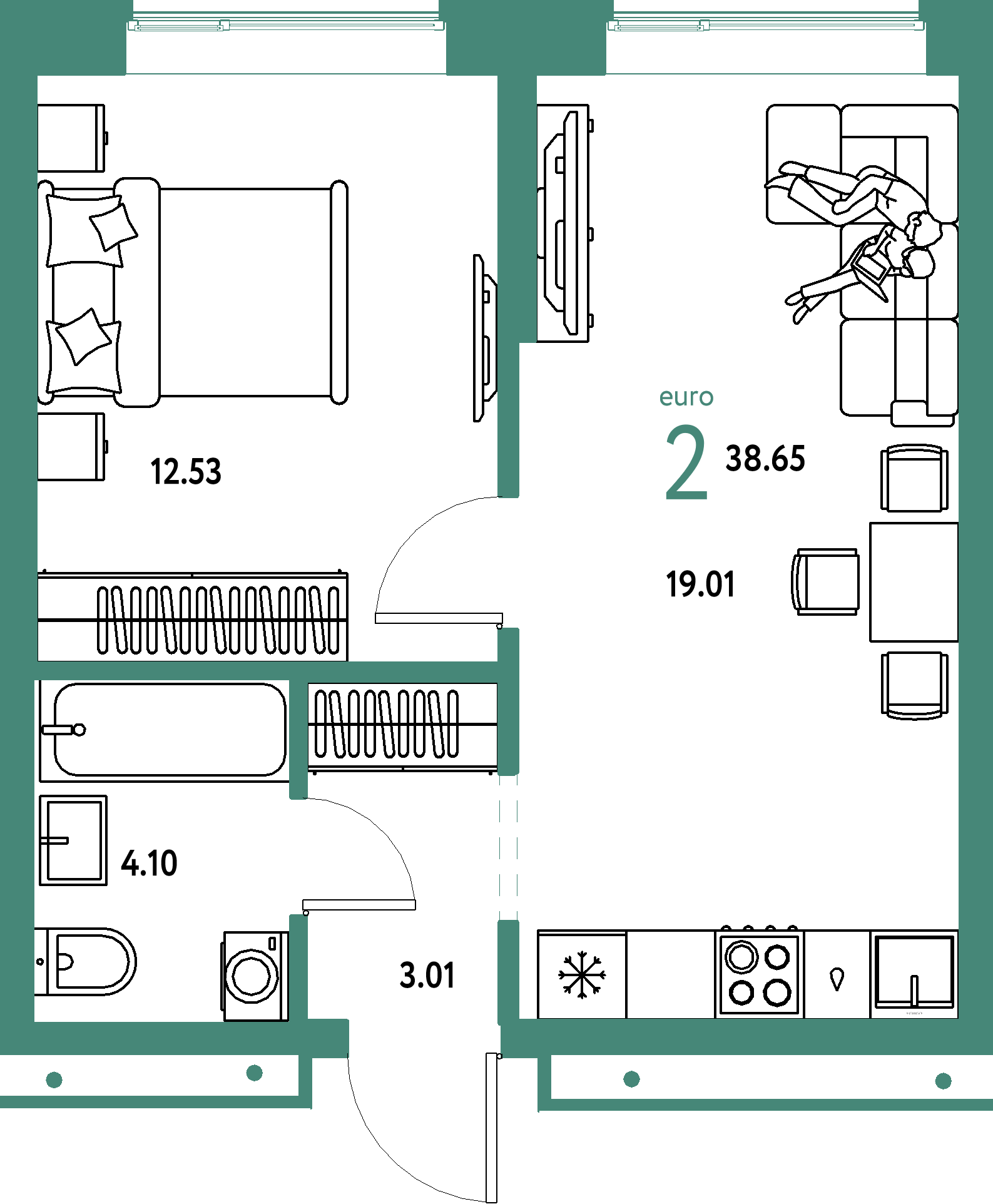 Планировка: Евродвушка 38,65 м² в ЖК «Домашний»