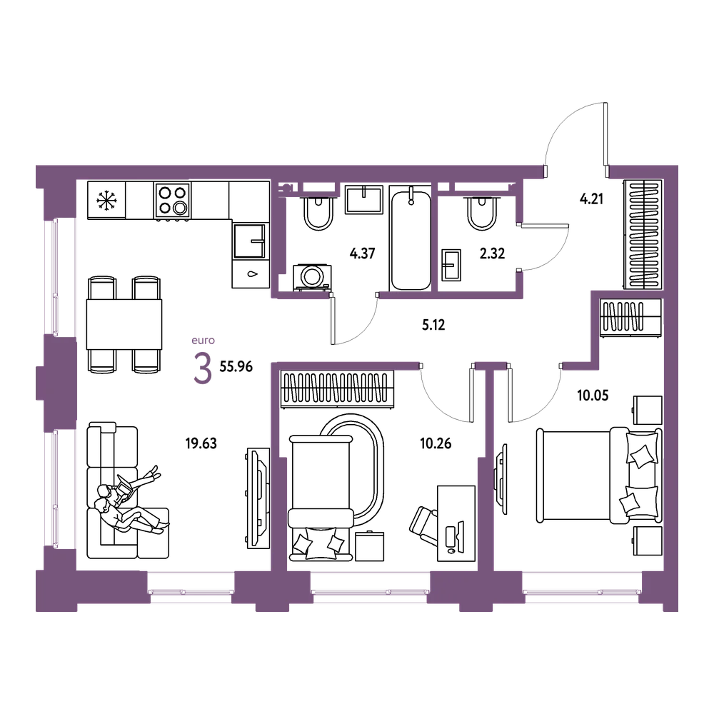 Планировка: Евротрёшка 55,96 м²