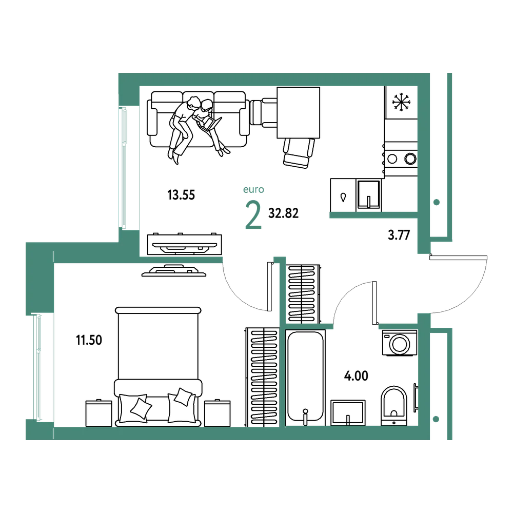 Планировка: Евродвушка 32,82 м²