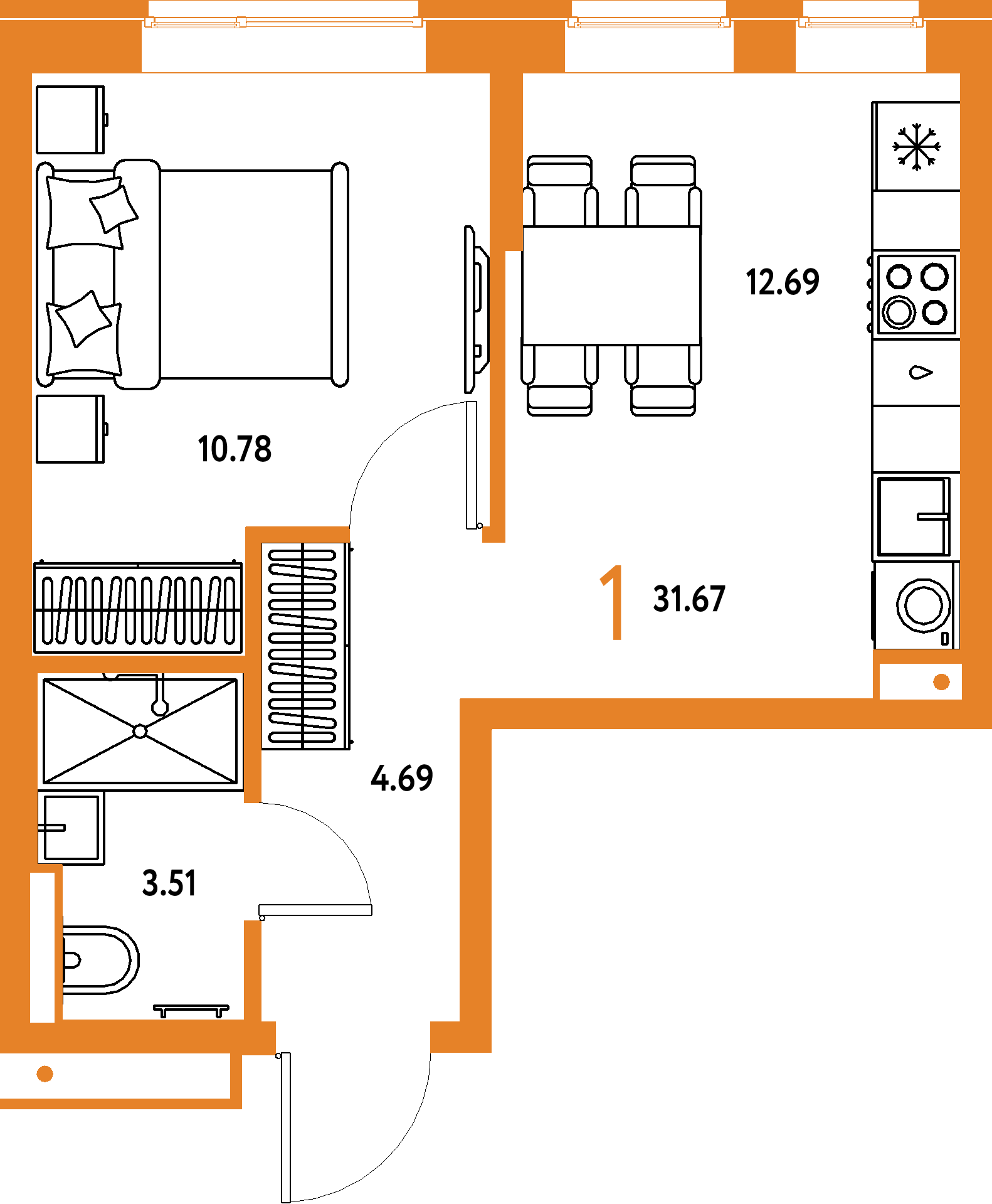 Планировка: 1-комнатная 31,67 м² в ЖК «Домашний»