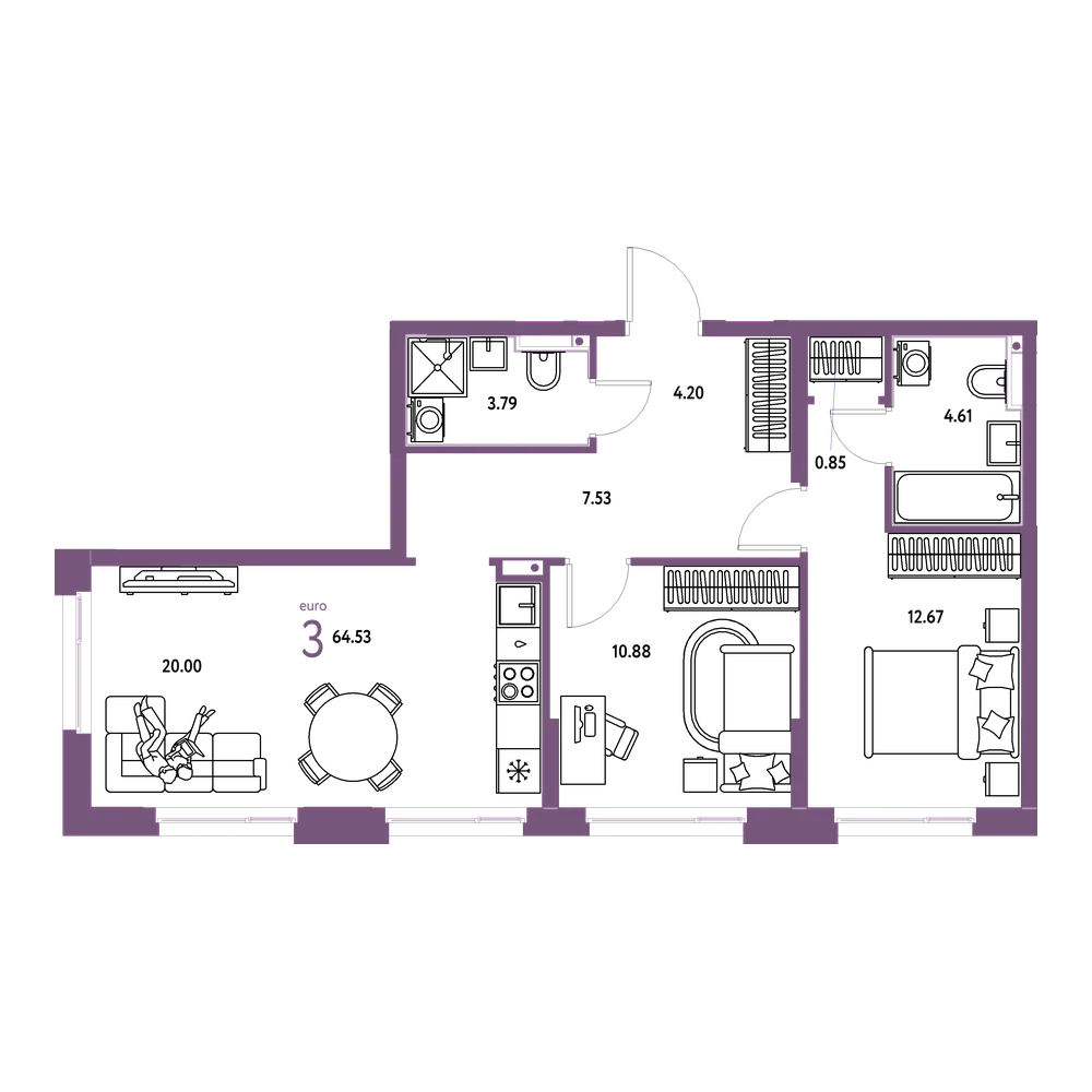 Планировка: Евротрёшка 64,64 м²