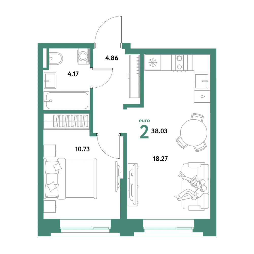 Планировка: Евродвушка 38,03 м²