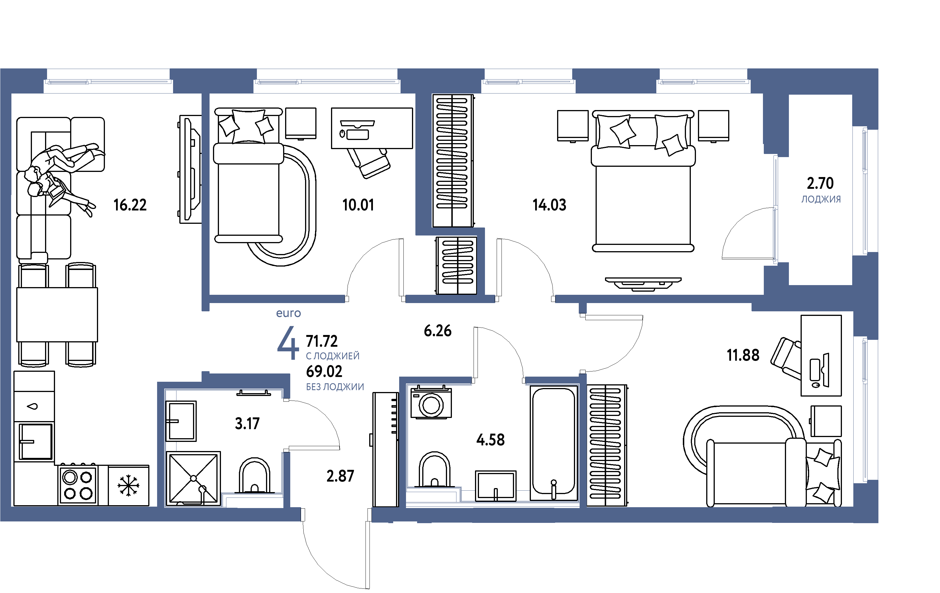 Планировка: Евро-4 71,72 м² в ЖК «Сердце Сибири»