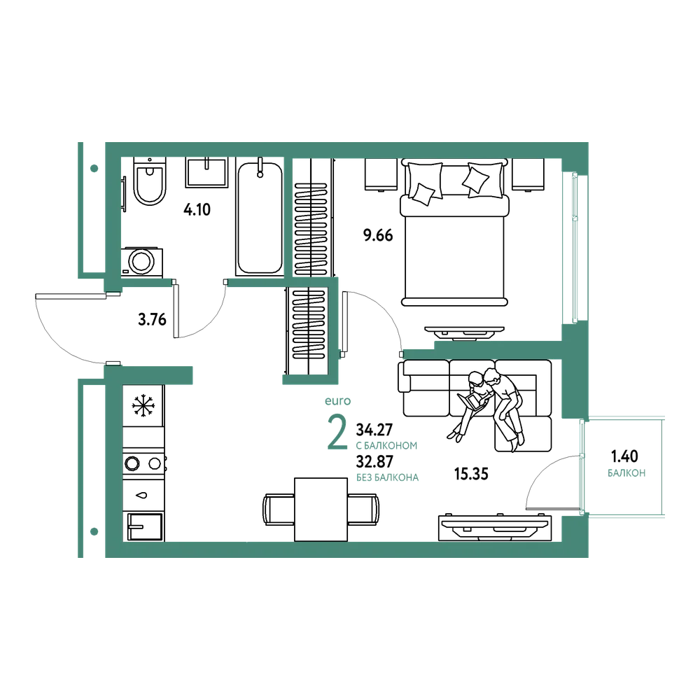 Планировка: Евродвушка 34,27 м²