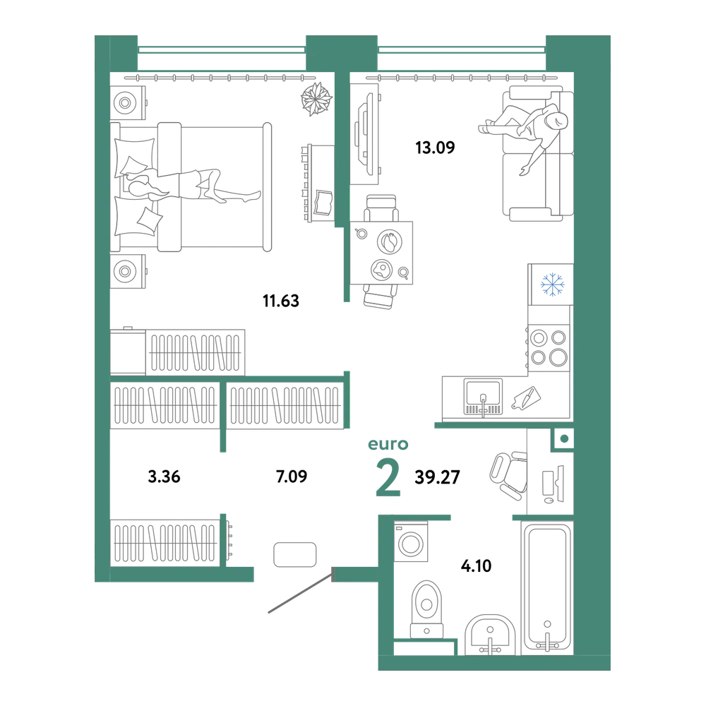 Планировка: Евродвушка 39,27 м²