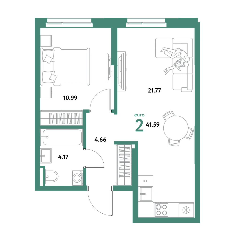 Планировка: Евродвушка 41,59 м²