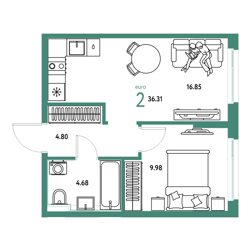Планировка: Евродвушка 36,31 м²