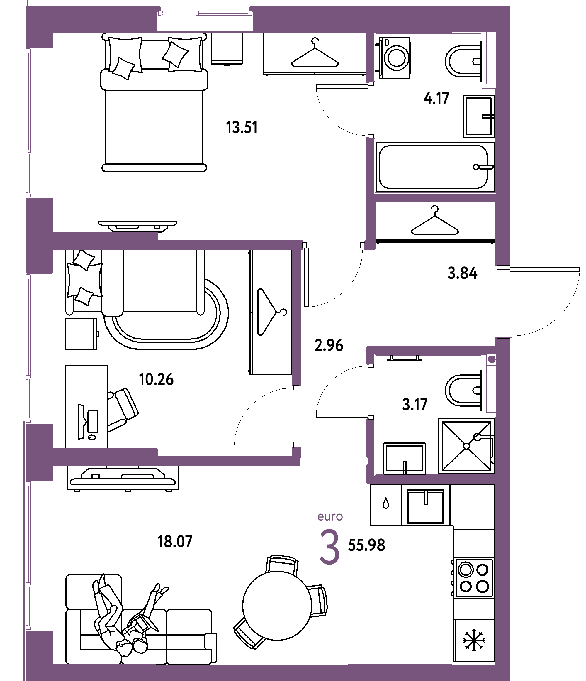 Планировка: Евротрёшка 55,98 м² в ЖК «Страна.Прибрежная»