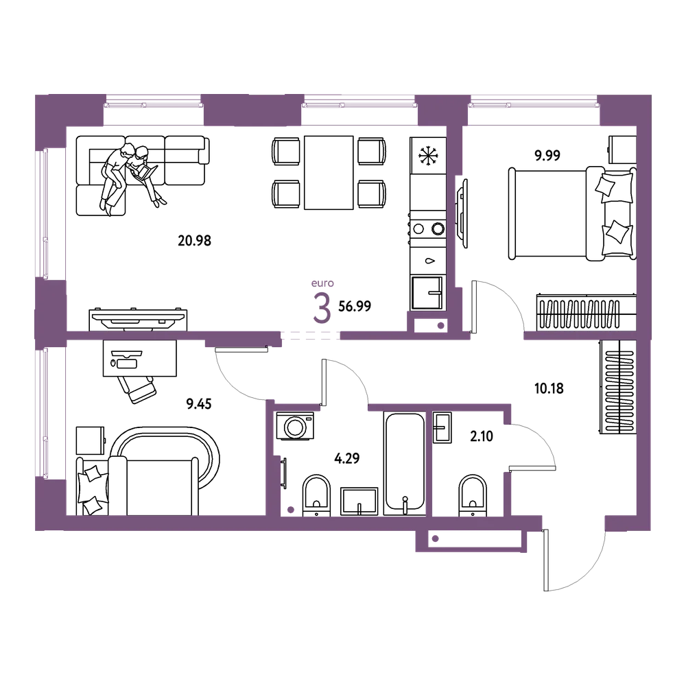 Планировка: Евротрёшка 56,99 м²