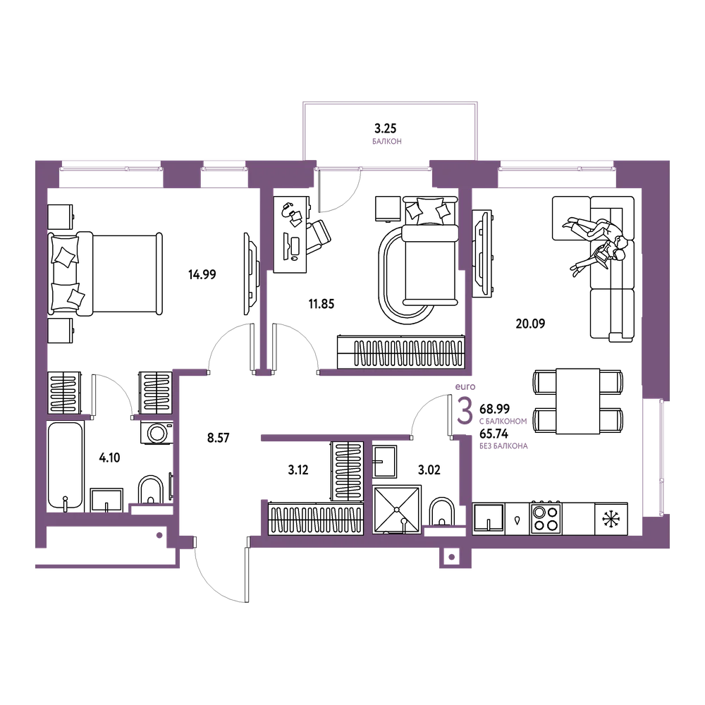 Планировка: Евротрёшка 68,99 м²