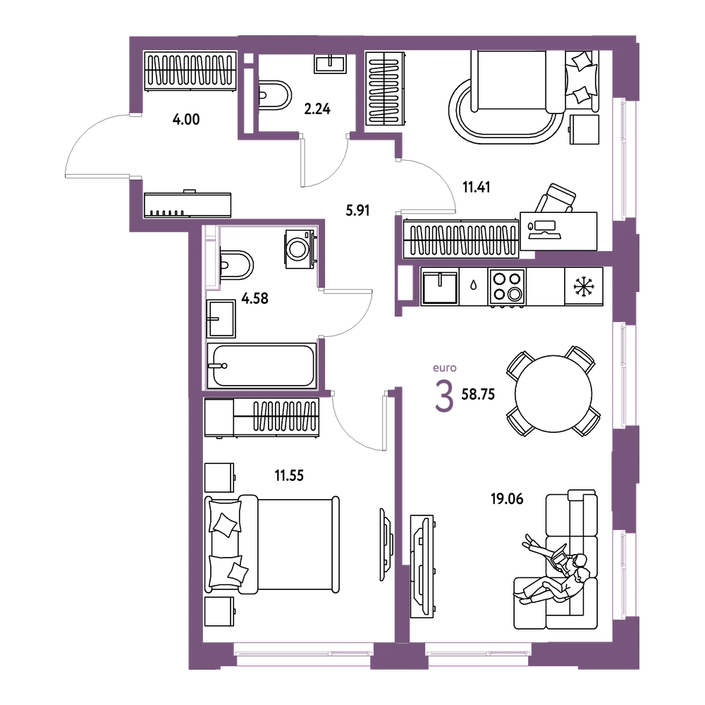 Планировка: Евротрёшка 58,75 м²