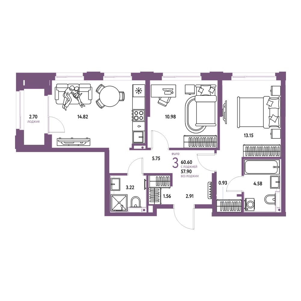 Планировка: Евротрёшка 60,6 м²
