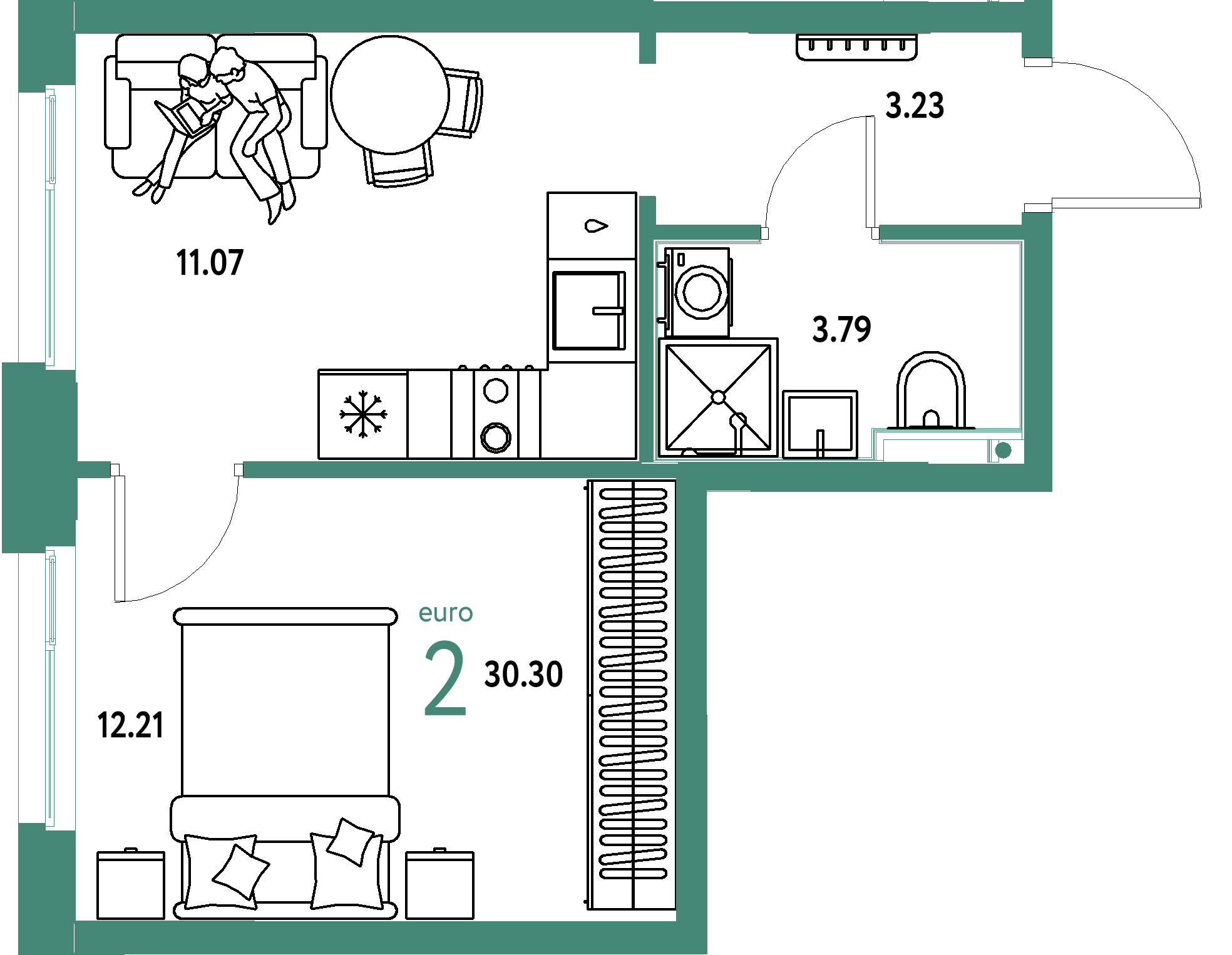 Планировка: Евродвушка 30,3 м² в ЖК «Домашний»