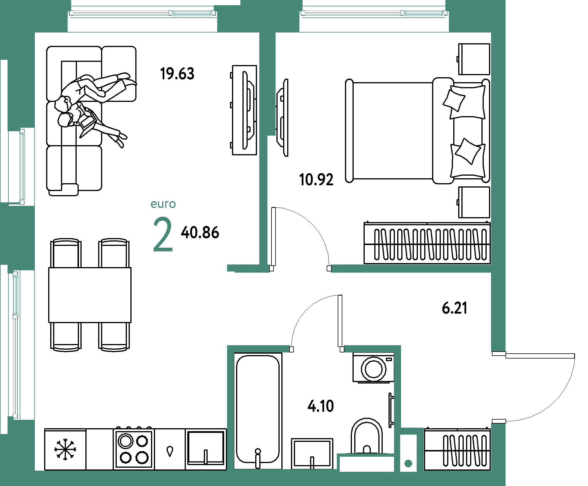 Планировка: Евродвушка 40,86 м² в ЖК «Авторский»