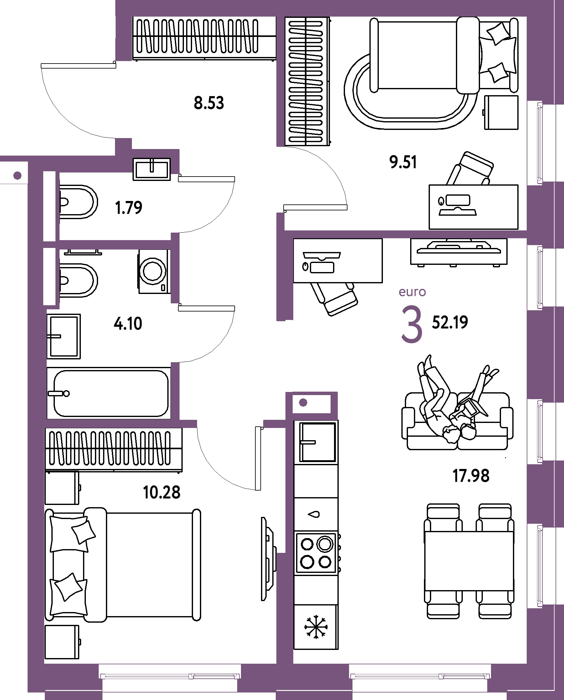 Планировка: Евротрёшка 52,19 м² в ЖК «Домашний»