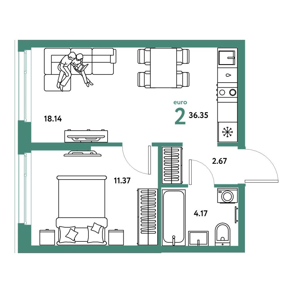 Планировка: Евродвушка 36,35 м²