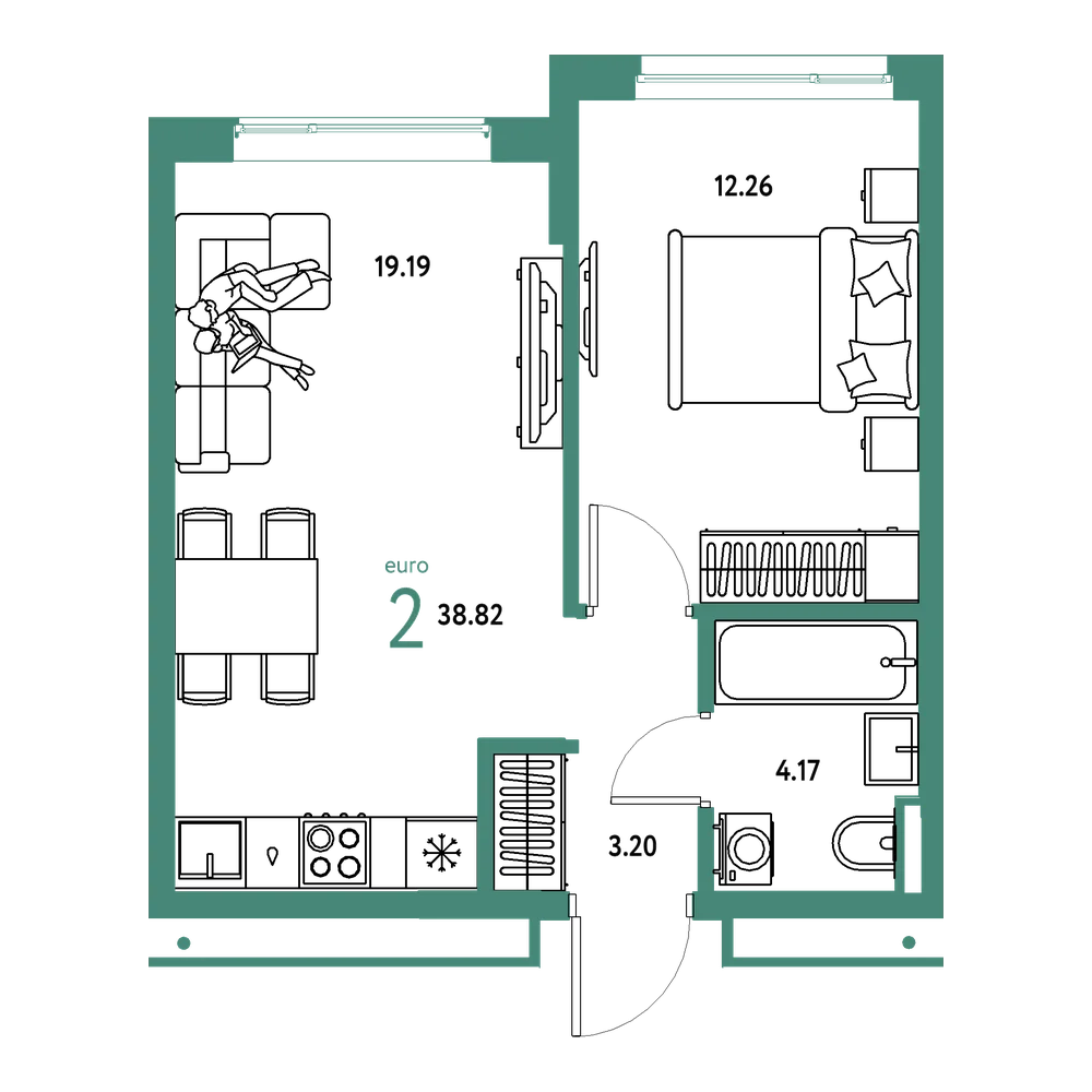 Планировка: Евродвушка 38,82 м²