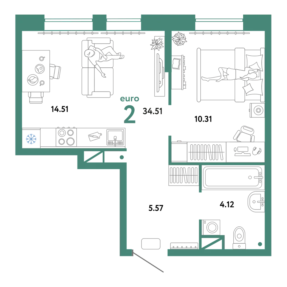 Планировка: Евродвушка 34,51 м²